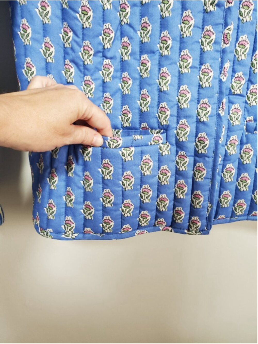 JAPNA Quilted Cotton Floral Jacket Blue Small Block Print Hook Front Cottagecore - Picture 7 of 14